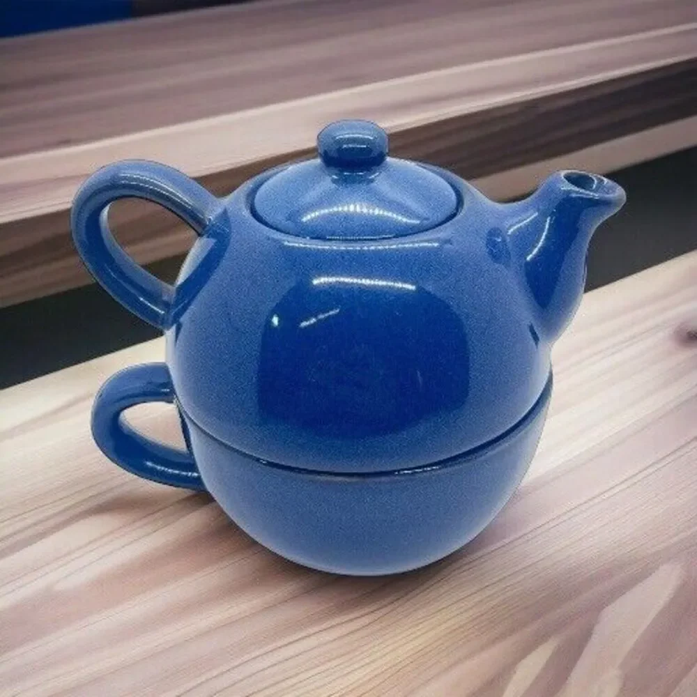 Blue PIER 1 Stoneware Teapot W/Mug Set ~ Stackable 3 Piece Set